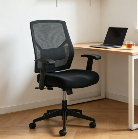 High Back Mesh Desk Chair with Wheels and Arms, Adjustable Centre-Tilt Recline, Swivel, Black